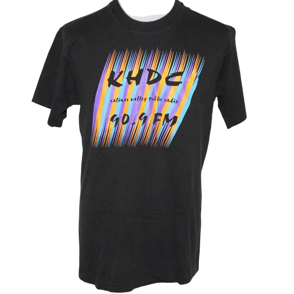 Vintage Fruit Of The Loom Large KHDC 90.9 FM Public Radio Black Neon TShirt Tee